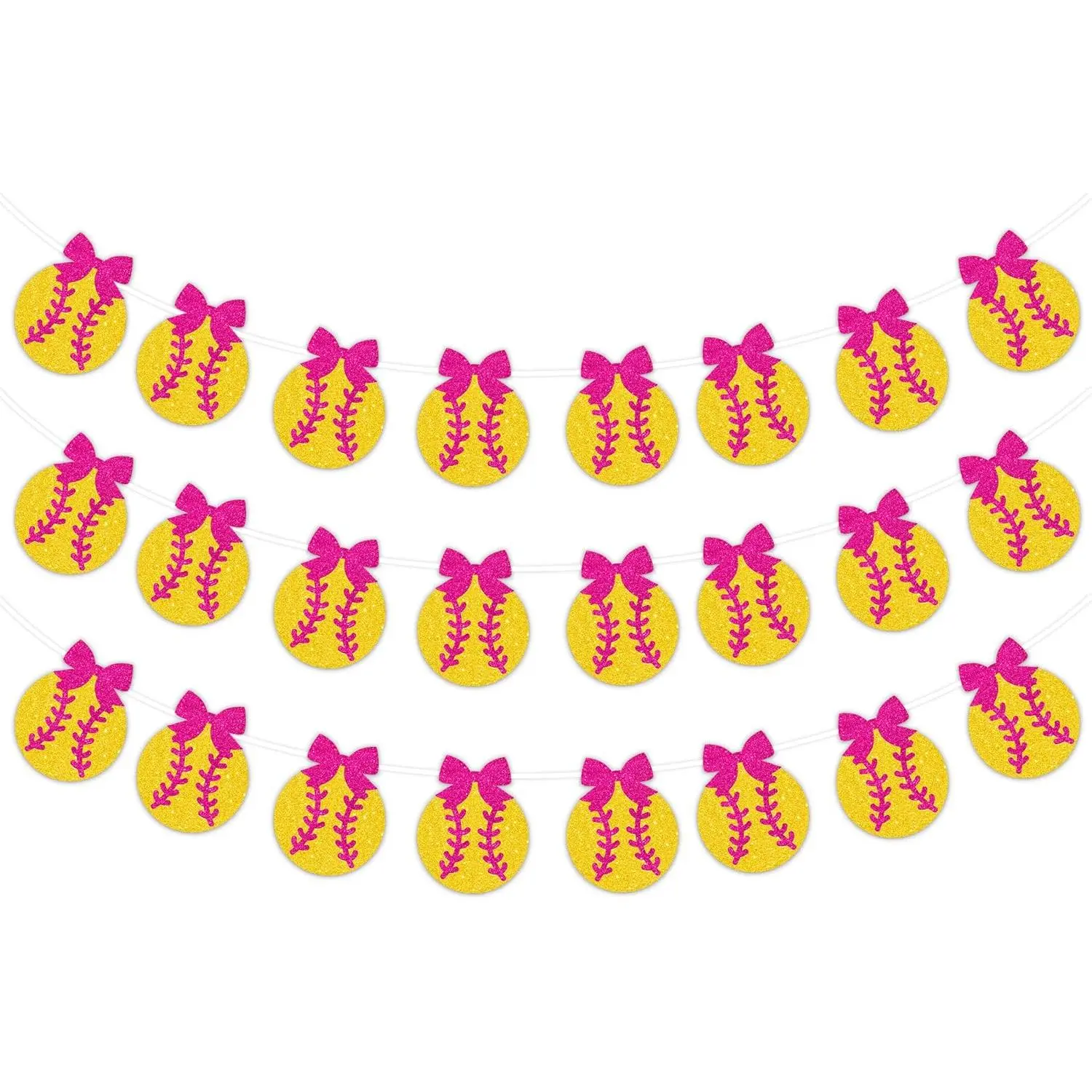 3Pcs Softball Party Garland - Softball Party Decoration Banner,Yellow Glitter Softball Bunting with Pink Bows, Sports Theme Hanging Decor,for Girls Softball Birthday Party Supplies
