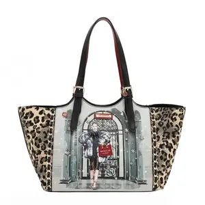The Winter Grace Shopper Bag - Soft Vegan Leather & Leopard Canvas with Rhinestone & Snowflake Studs, Dual Handles, Secure Zip-Top Closure