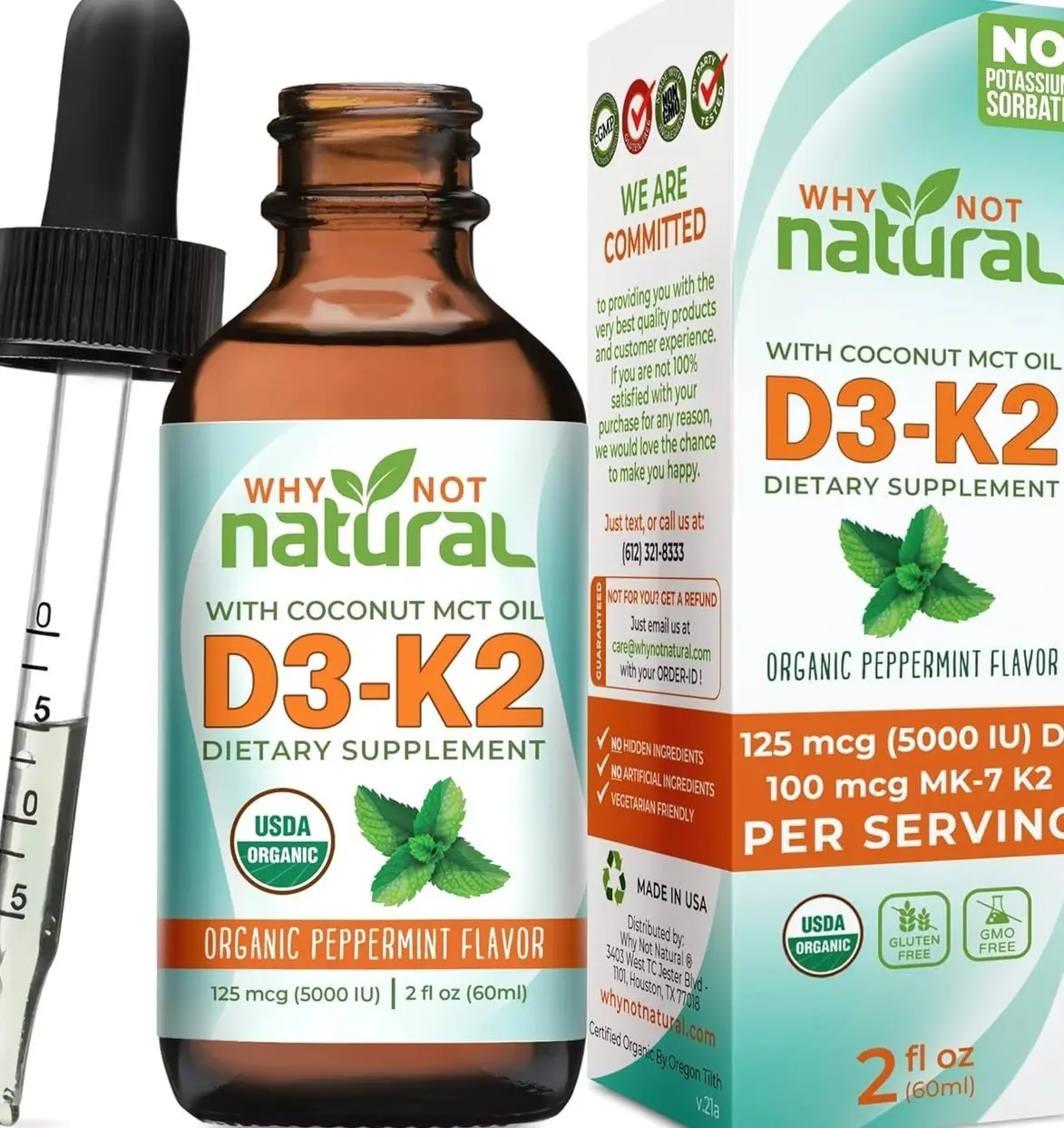 Why Not Natural Organic Vitamin D3 K2 (MK-7) Liquid Drops, 5000 IU of sublingual D3 with Coconut MCT Oil, for Strong Bones and Teeth, Heart and Immune Support