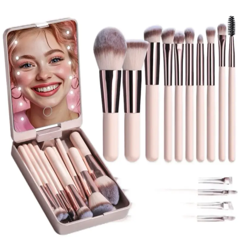 Travel Makeup Brush Set with LED Light Mirror 14Pcs Nylon Brushes Includes Foundation Powder Concealers Eye Shadows with Typ-C Charging Data Cable Portable Design Violet