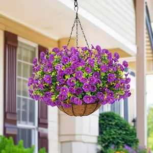 Outdoor artificial hanging flowers, artificial hanging plants with baskets, UV-resistant fake hanging flowers for spring and summer decorations, fake hanging plants for porch courtyard garden decorations, Hanging Plant Vines, Hanging Planters