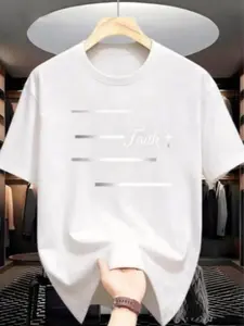 Minimalist ‘Faith +’ Graphic Tee - Metallic Gradient Stripe Detail on Essential White Crew Neck,Personalized short-sleeved T-shirt, suitable for both men and women, as a basic layering piece, for travel outfits.