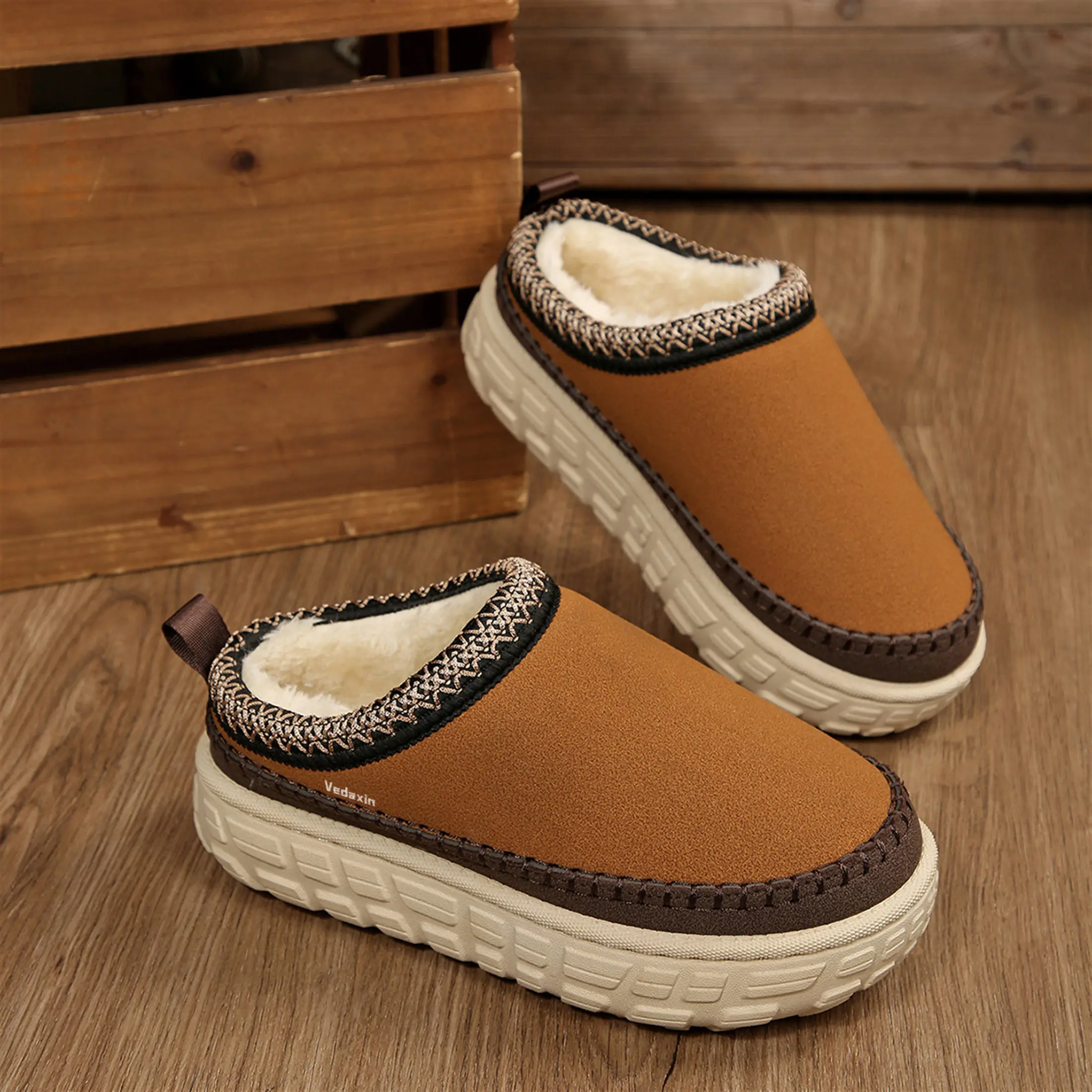 Women's Platform Slippers Suede Plush Lined Mini Snow Boots Comfortable Indoor Outdoor Slip - on Shoes