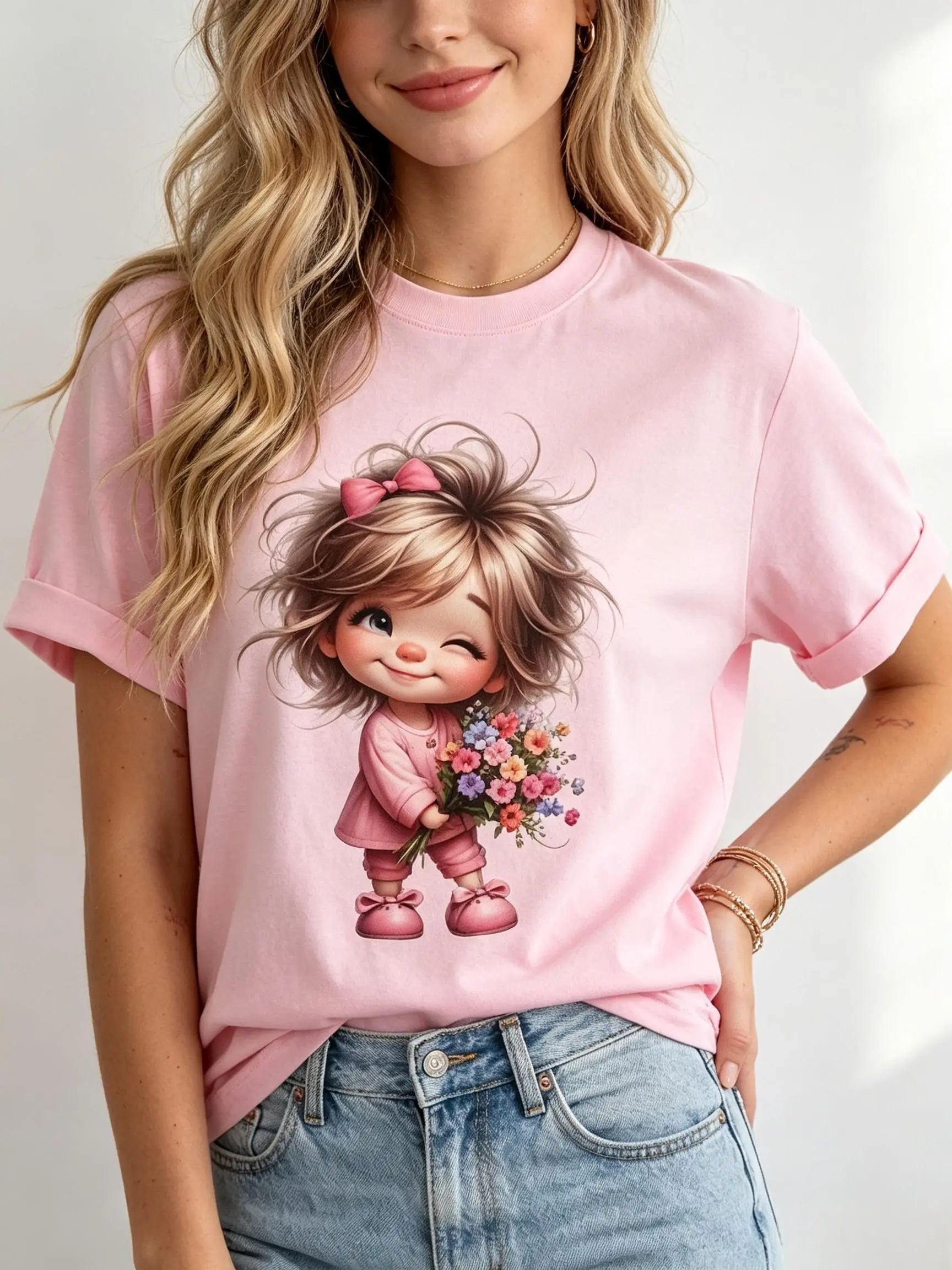 Women's Soft and Comfortable Cotton Graphic T-Shirt, Kawaii Chibi Girl Print Pink Short Sleeve Crew Neck Top for Casual Wear, Shortsleeve, Fabric, Fitted, Tops, Breathable, Kawaii Print