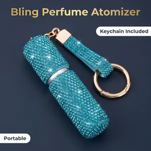 Bling Rhinestone Perfume Atomizer Keychain - 5ml Refillable Travel Perfume Bottle with Sparkly Diamond Decor, Portable Fragrance Dispenser Key Ring for Purse/Handbag/Backpack/Car Decor, Sparkly Keychain Gift for Her (Blue/Pink/Green)