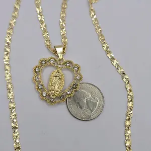 VIRGIN MARY beautiful big  heart clear stones necklace regular style gold-plated 24"inches