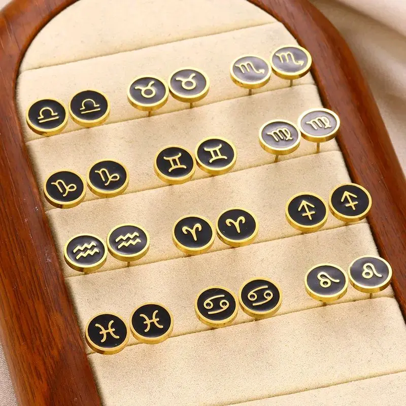 Arrival Stainless Steel Earrings Unisex Minimalist Style Twelve Zodiacs Trendy Hip Hop Cold Tone Geometric Pattern Hoops for Men & Women