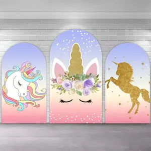 Pink Purple Unicorn Theme Magical Arch Covers Stretchy Backdrop, Gold Glitter Floral Rainbow Design, Perfect for Girls Baby Shower Birthday Party Photo Backdrop