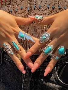 8pcs Vintage Silver Alloy Knuckle Rings Set for Women Western Turquoise Stone Rings Bohemian Midi Ring Bulk, Chunky Rings,Retro Stackable Joint Finger Ring Pack