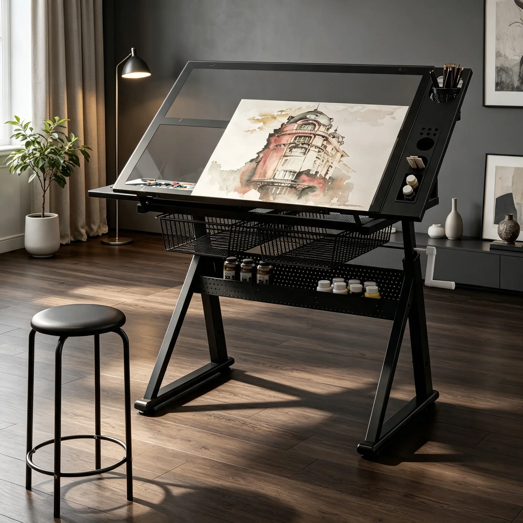 Adjustable Tempered Glass Drafting Table with Stool, 5mm Tiltable Desktop (0-75°), 2 Metal Drawers, Side Pen Storage, Leveling Legs, Office Furniture for Home Studio