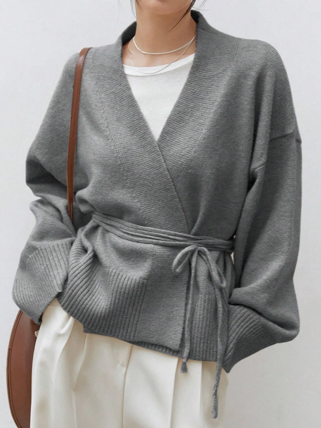 Less Drop Shoulder Belted Cardigan casual cardigan cozy fall warm cardigan woman top v neck cardigan woman adorable  knitwear