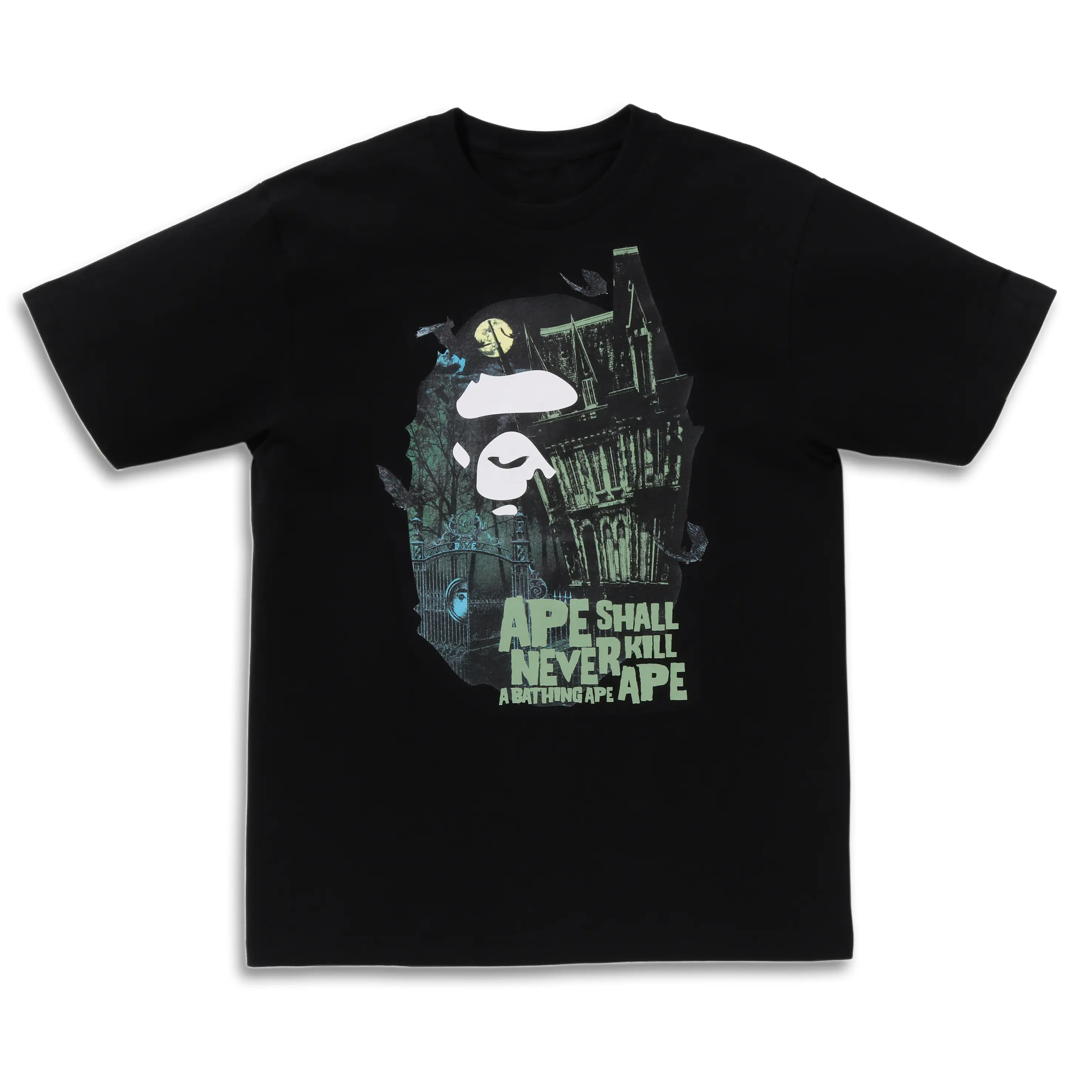 HW1 - Trendy Aesthetic Short Sleeve Crew Neck Oversized Tee with Iconic Ape Head Design and Haunted House Graphic