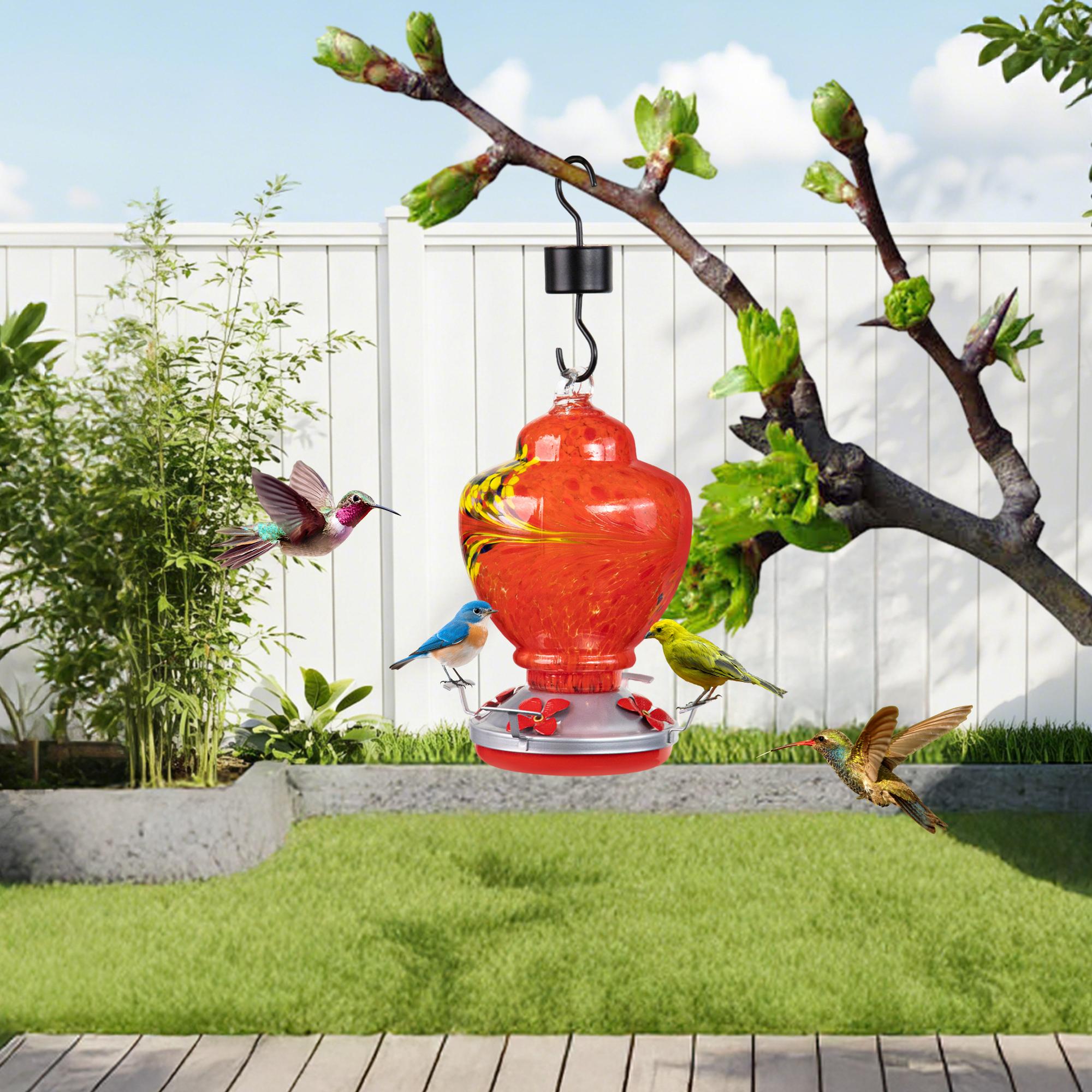 ennvaofficial outdoor garden large hummingbird feeder, 32-ounce colorful hand-blown glass hummingbird feeder, equipped with an anti-ant guard, hanging hook, rope, brush, and service card (red)