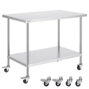 VEVOR Stainless Steel Work Table 30 x 48 x 38 Inch, with 4 Wheels, 3 Adjustable Height Levels, Heavy Duty Food Prep Worktable for Commercial Kitchen Restaurant, Silver