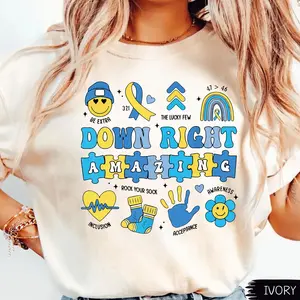 Comfort Colors Down Right Amazing Extra Chromosome Down Syndrome Awareness Shirt, Inclusion Blue Yellow Rock Your Socks Down Syndrome Mama Graphic Tee