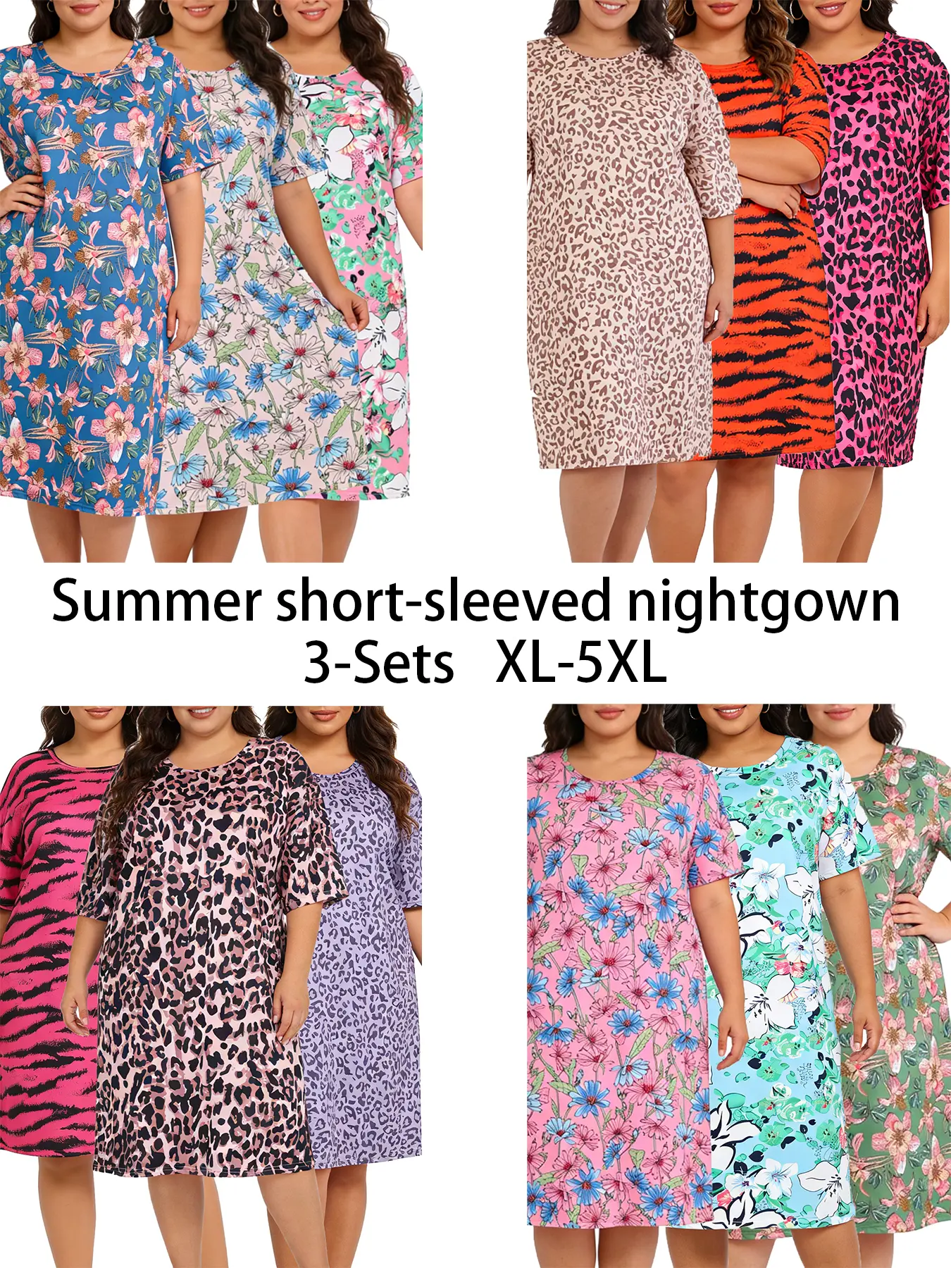 Women' s Plus Size Summer Short-Sleeve Loose CasualFloral Print Nightdress Pajama Set, 3-Piece Bundle