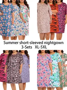 Women' s Plus Size Summer Short-Sleeve Loose CasualFloral Print Nightdress Pajama Set, 3-Piece Bundle