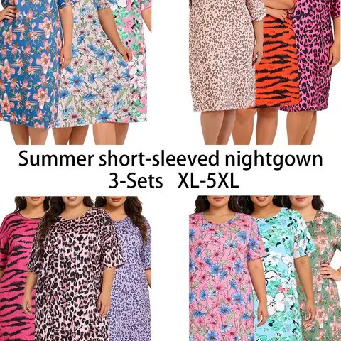 Women's Plus Size Knitting 3-Piece Bundle Crew Neck Summer Short-Sleeve Loose Casual Floral Print Night Gown Pajama Set - Breathable Lady's Nightwear, Curvy Fit, Extra Large Loungewear