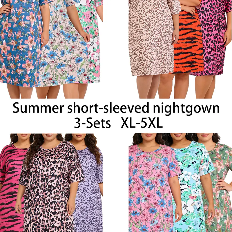 Women's Plus Size Knitting 3-Piece Bundle Crew Neck Summer Short-Sleeve Loose Casual Floral Print Night Gown Pajama Set - Breathable Lady's Nightwear, Curvy Fit, Extra Large Loungewear
