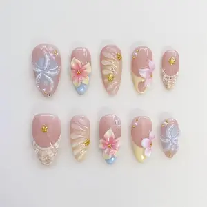 Starfish Bloom Elegance Press On Nails Short Almond Nails/Flower Nails/Yellow Nails/Spring Summer Nails/Shell Nails/Birthday Nails Nail Art Kit Nail Box fathersdaygift