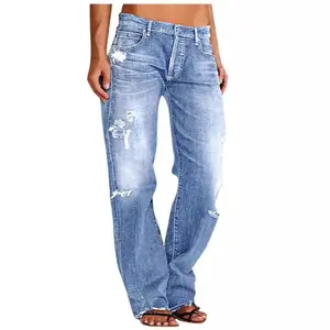 2026 Women's Jeans Trousers Fashionable Vintage Mid-Rise Ruined Casual Straight Long Pants