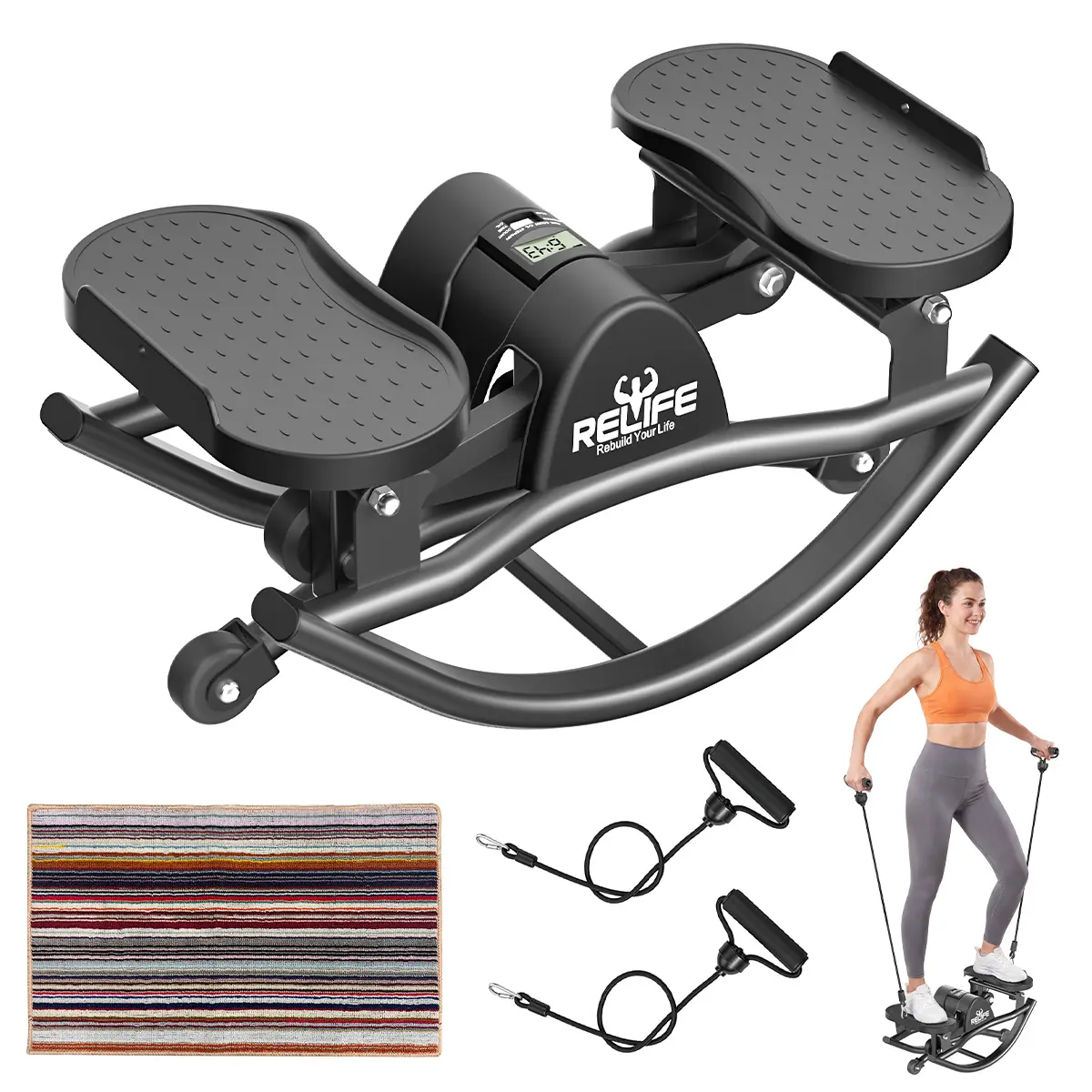 RELIFE Rocking Stepper with Resistive Bands for Whole Body Home Workouts, Compact Low-Impact Steel Exercise Machine, 330LBS Capacity, Whole Body Workout, Resistive Bands Steppers