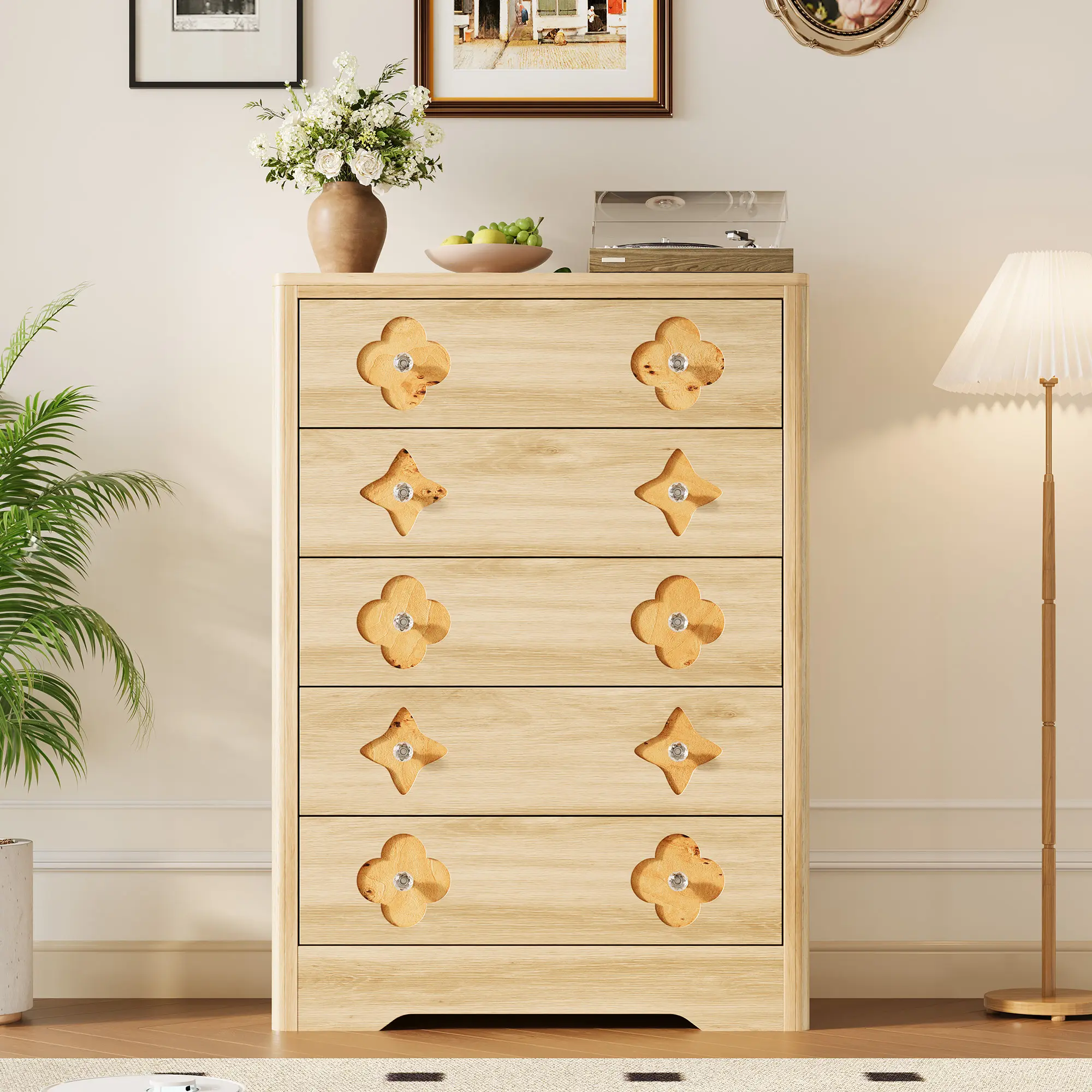 Boho 5-Drawer Rattan Dresser – Tall White Wooden Clothes Storage Cabinet, Decorative Drawer Fronts, Multi-Purpose Chest for Bedroom, Nursery, Living Room, Entryway