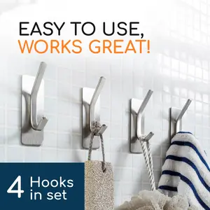 4-Pack Adhesive Coat Hooks for Hanging: Heavy Duty Stainless Wall Hook for Towel, Utensil, Backpack, Hat, Sturdy Metal Hanger for Bathroom, Kitchen, Door, Car