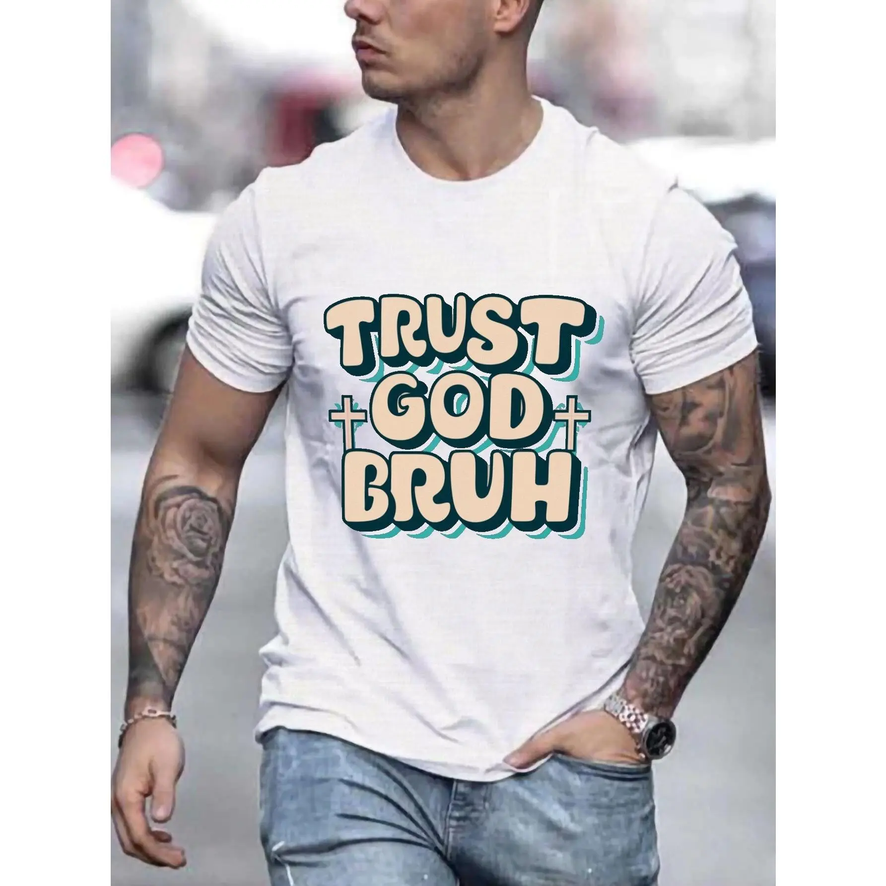 Men's Plus Size "Trust God Bruh" Print Shortsleeve Sports Top - Loose Stylish Menswear Undershirt for Summer Sports & Outdoor Activities