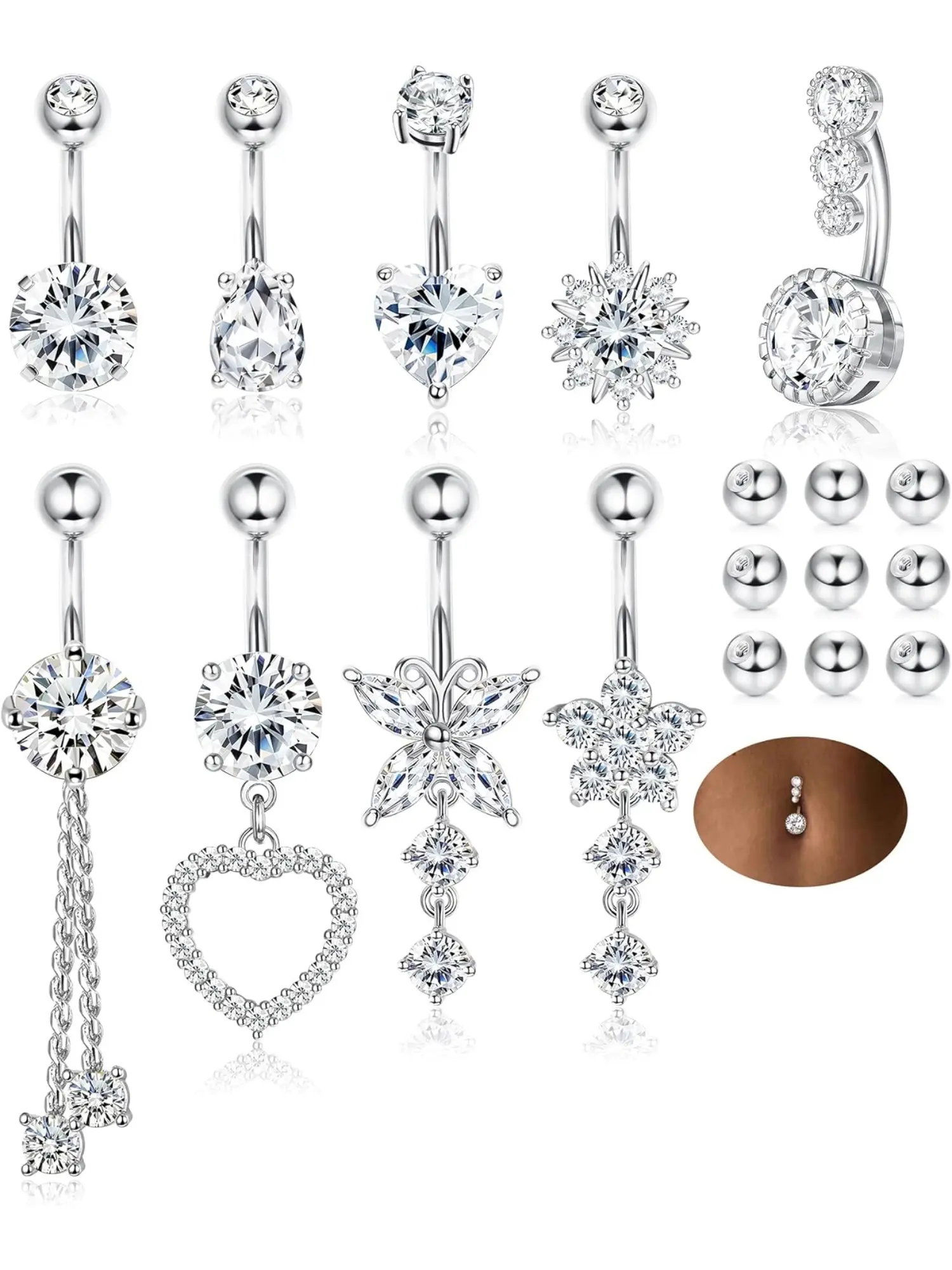 Brilliant 9 Pcs Silvery Sparkling Belly Button Rings Surgical Stainless Steel Hypoallergenic Navel Rings for Women Men Piercing Rings with Extra Replacement Balls Trendy Dangle Belly Button Piercing Jewelry Body Piercing Jewelry Body Jewellery