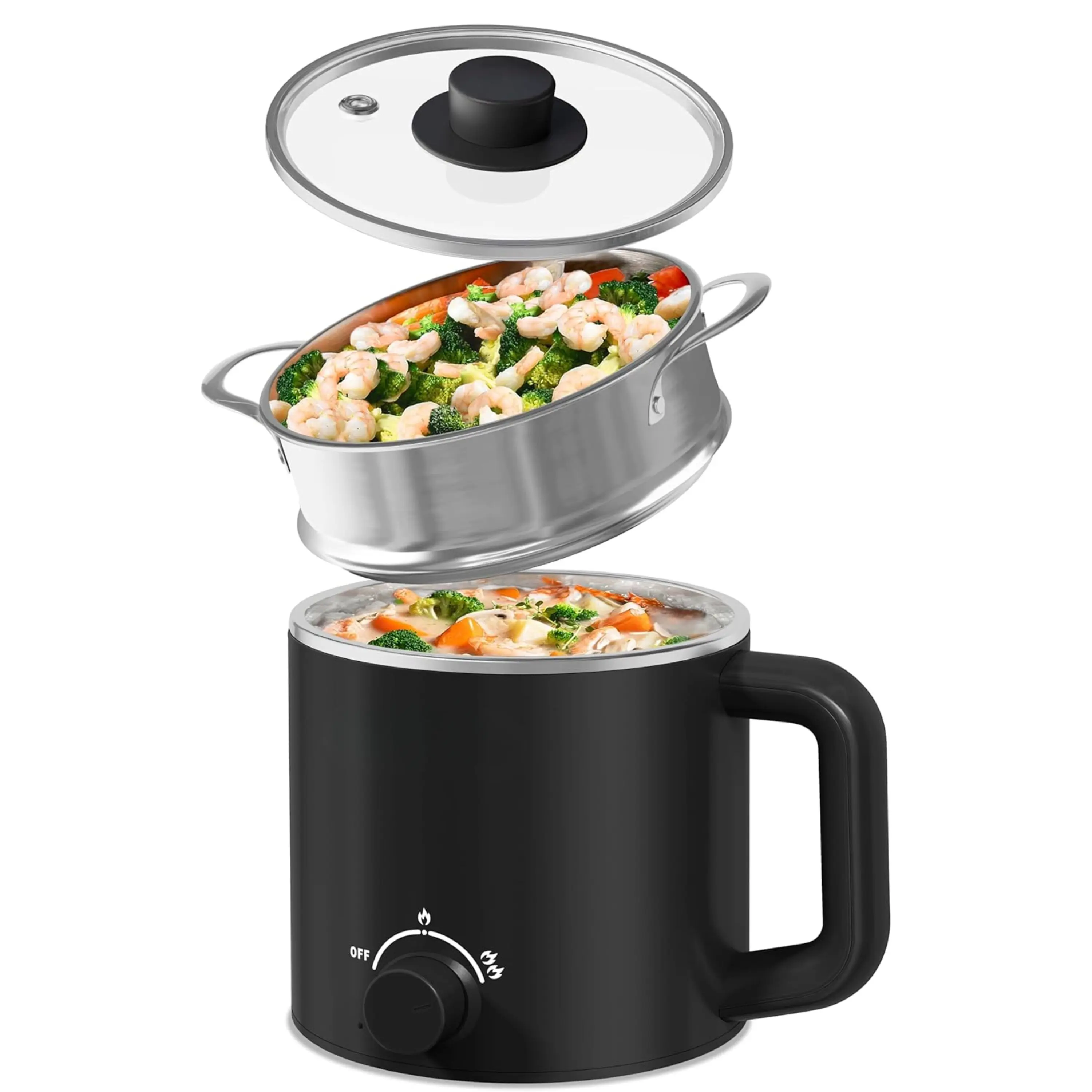 Pro Hot Pot Electric with Steamer, 1.6L Ramen Cooker, Electric Pot for Pasta, Shabu-Shabu, Oatmeal, Soup and Egg, Portable Cooker with Dual Power Control, Dorm Room Essentials