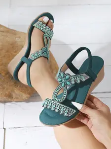 Lightweight Roman Sandals with Rhinestones, Versatile Wedge Heeled Open Toe Sandals for All Seasons, Comfortable Commute Footwear, Glitter Strappy Sandals, Classy Elevated Sandals