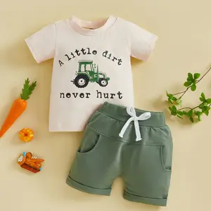 Toddler Baby Boys Summer Outfits Funny Letter A Little Dirt Tractor Print T Shirt Tops Elastic Waist Pockets Shorts Two Piece Set