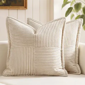 Decorative Throw Pillow Covers for Couch Bed Livingroom 18x18 Inch Set of 2 Beige Boho Accent Pillows Broadside Striped Patchwork Soft Corduroy Pillowcases