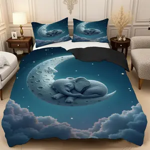 2/3 Pcs Little Elephant In The Night Sky" Duvet Cover Set,High-Definition Digital Printed Bedding Set(1* Duvet Cover+1/2* Pillowcase,No Filling)100% Polyester Fiber Soft,Breathable Bedroom,Guest Room Decoration,Machine Washable,Perfect Holiday Gift