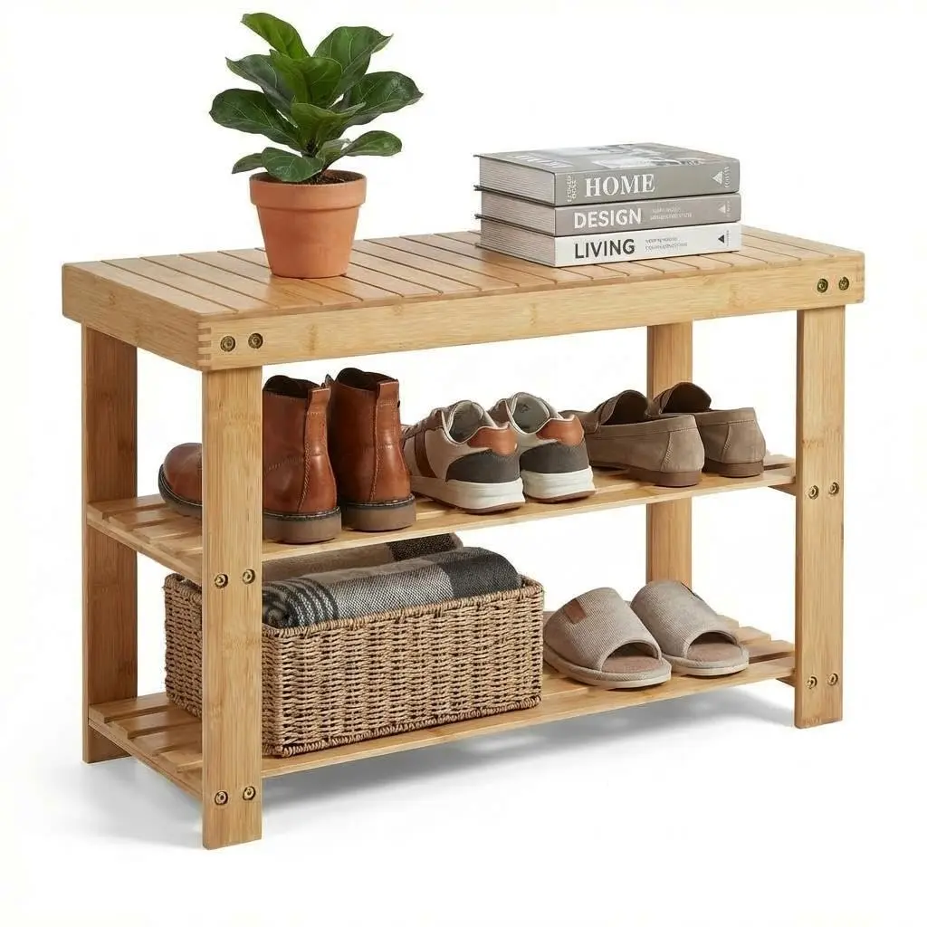 Minimalist Shoe Rack Bench with Neutral Finish, Generous Open Shelves, Spacious Storage - Easy Setup Indoor Stool for Entryway, Minimalist Bedroom, Welcoming Spot Decluttering Solution