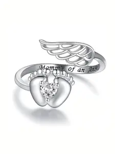 Mother's Day Gift Rhinestone Decor Adjustable Open Design Ring with Wing & Foot, Fashion Open Rings for Women, Clean Girl Jewelry for Party, Daily Clothing Decor, Trendy Exquisite Girlfriend Gifts, Heart Shaped Ring