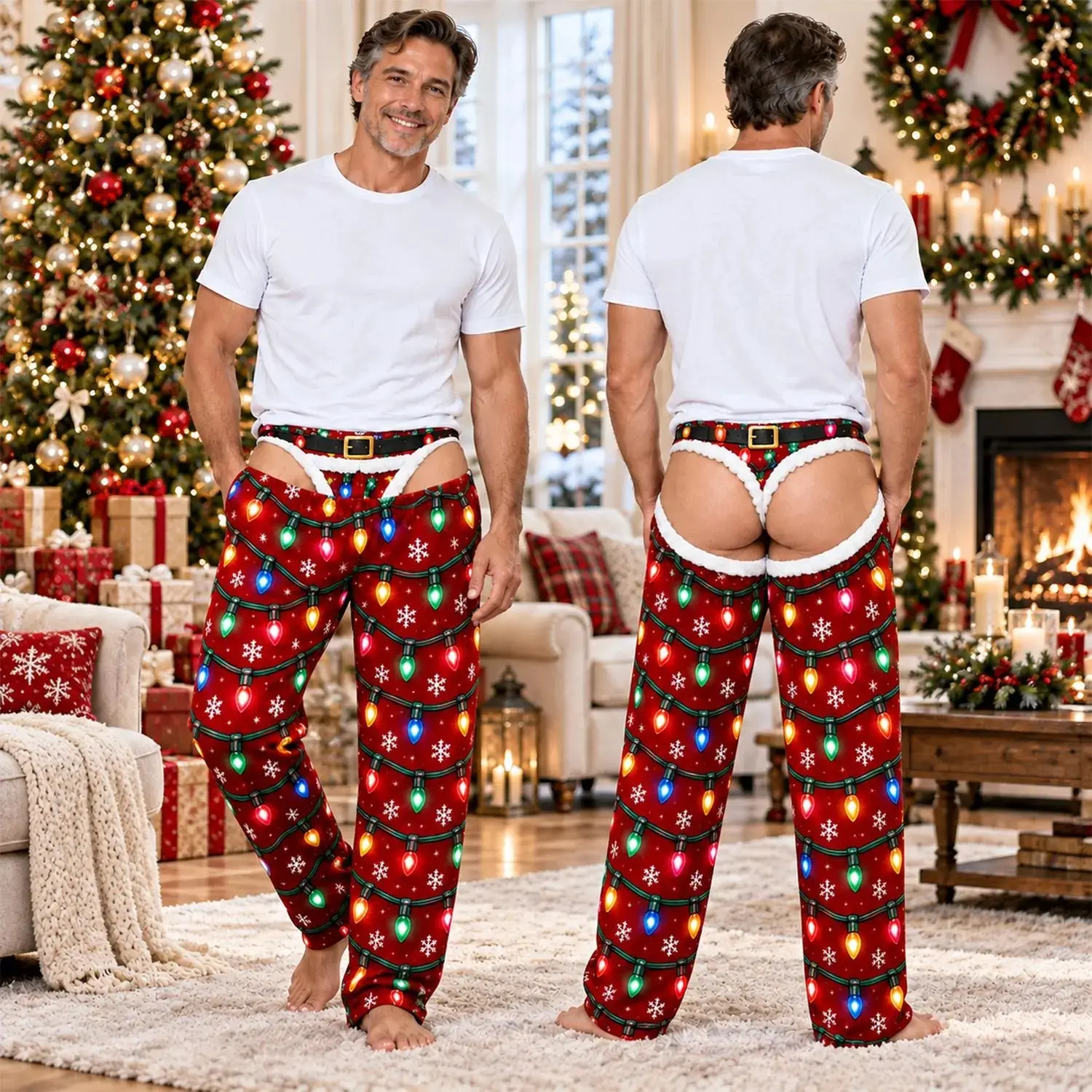 Funny Men's Christmas Pajama Pants,Fake Illusion,Holiday Lounge Pants,Gift for Him