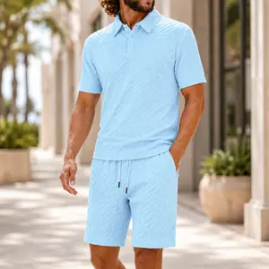 Men’s Summer Textured Polo Shirt and Shorts Set, Lightweight Casual 2 Piece Outfit with Drawstring Shorts for Beach Vacation and Daily Wear Clothes Menswear Suits Top Gamis Tropical Shortsleeve Beige Plain