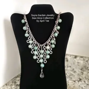 Adventurine and Rhinestone Bib Necklace with a Dew Drop Crystal Pendant from the Dew Drop Collection Handmade by April Tee