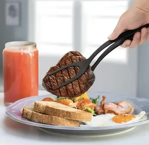2 in 1 Silicone Shovel & Tweezers Tongs – Black Egg Flipper, Pancake/Steak Turner, Omelet Maker, Spatula, French Toast Tongs — Home Kitchen Cooking Tools
