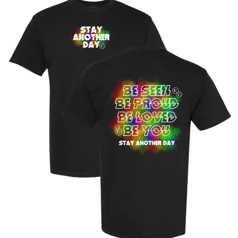 Stay Another Day Men's LGBTQ+ Pride Graphic Short-Sleeve Crew Neck Tee - Relaxed Fit, Casual Top, Streetwear, Cause-Matters Tee, Rainbow Vibe, Cause Support, Message Print Top; Heavyweight Pride Hoodie Option