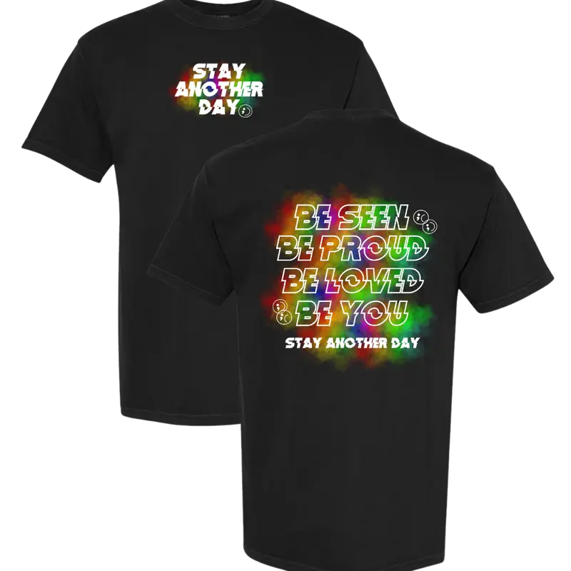 Stay Another Day Men's LGBTQ+ Pride Graphic Short-Sleeve Crew Neck Tee - Relaxed Fit, Casual Top, Streetwear, Cause-Matters Tee, Rainbow Vibe, Cause Support, Message Print Top; Heavyweight Pride Hoodie Option