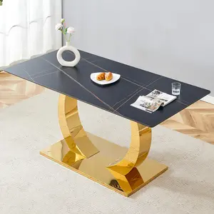 Modern Stylish Rectangular Dining Table with Sintered Stone Slate Top and Metal Base