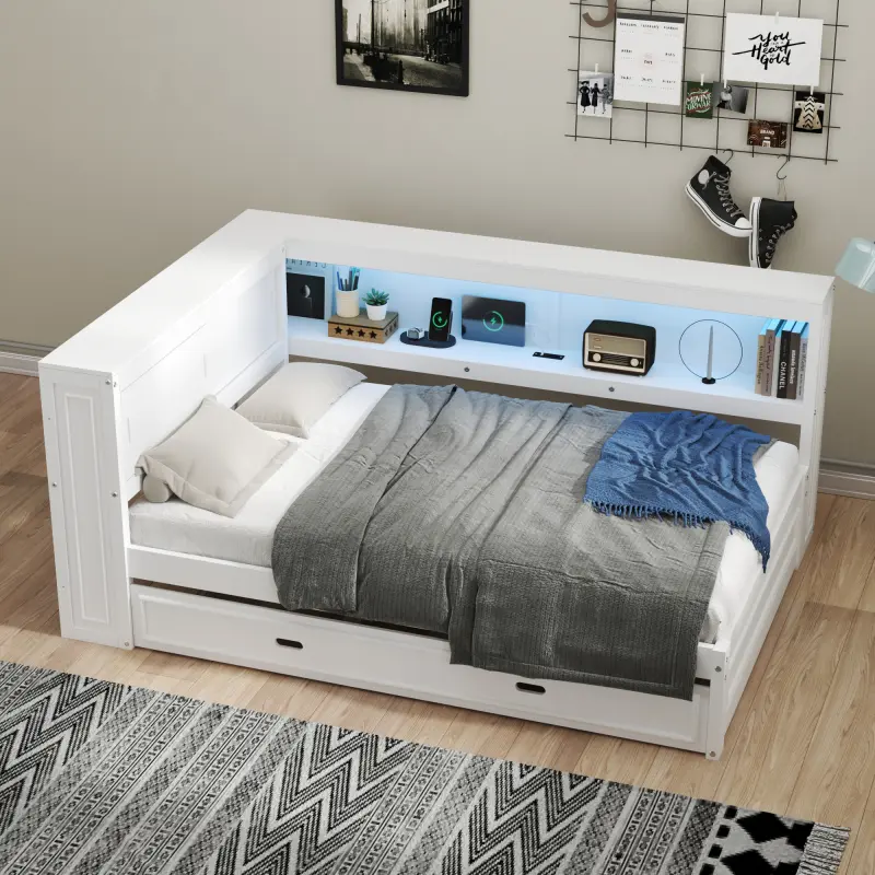 Full Size Daybed with Trundle, Charging Station and LED Light, Modern Corner Day Bed with Storage Shelves Bookcase, Platform Bed with Headboard, No Box Spring Needed