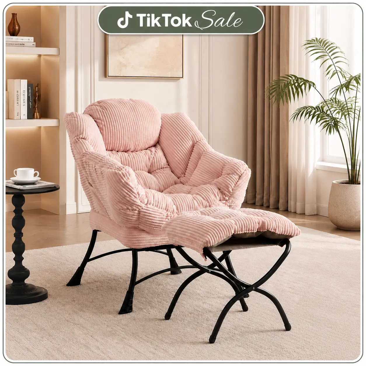 Modern Indoor Single Seat Upholstered Armchair & Lounge Chair Set with Ottoman, Armrests, Side Pocket - Cozy Accent Piece for Small Spaces, Bedroom Reading Slipper Chair