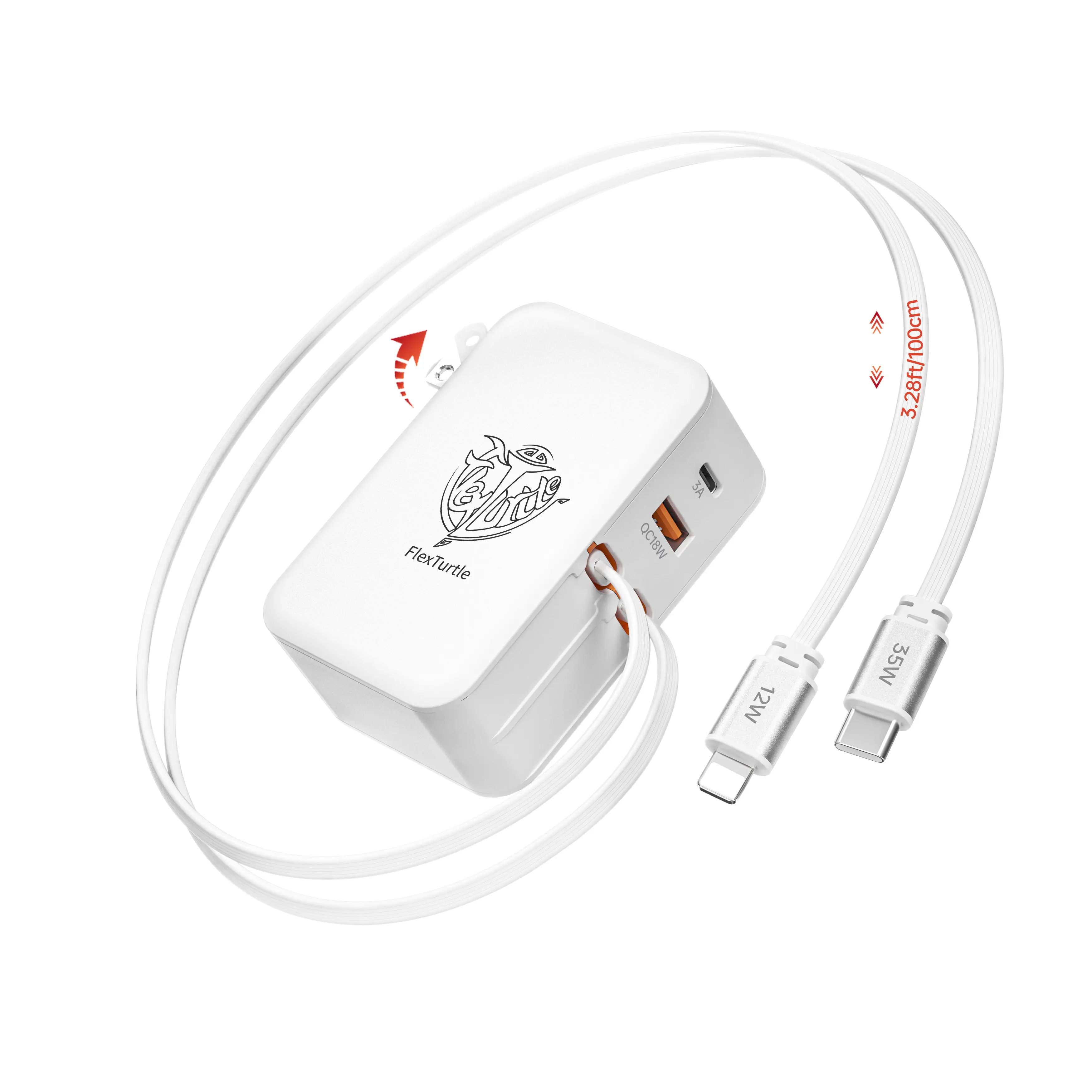 FlexTurtle Ultra-Compact 4-in-1 Space-Saving Travel Car Wall Charger Plugs - 3.28ft Dual USB Type-C Cables, 2 USB Ports, 35W (31 to 40.99W) Fast Charge, 12W iOS/18W for Cellphone, iPhone 17/16/15/14, iPad (Pearl White), Retractable