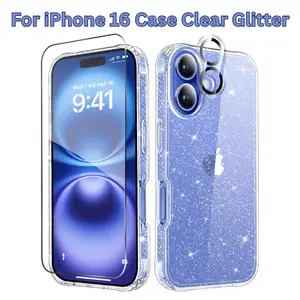 For iPhone 16 Case Clear Glitter – Non-Yellowing Shockproof TPU Cover with Screen Protector & Camera Lens Protector, Cute 6.1-Inch Protective Case for Women & Girls