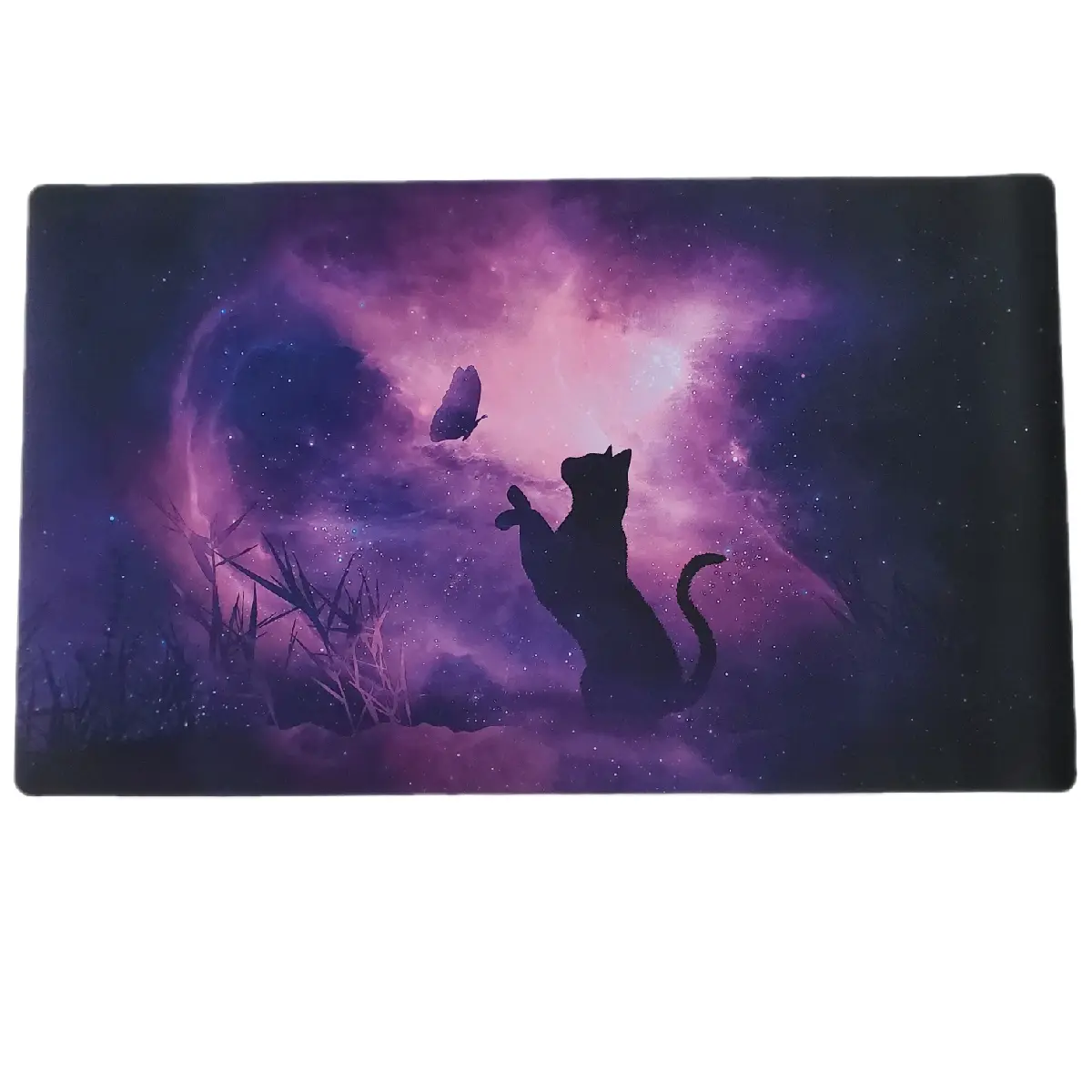 Cat Playing With A Butterfly TCG Playmat Cat Themed Table Mat For Magic The Gathering, Pokemon, Lorcana, TCG, & Cards Non-Slip Rubber Trading Card Game Playmats Smooth Cloth Surface Rubber Base Raw Edge Galaxy Purple Kitty Night Scene