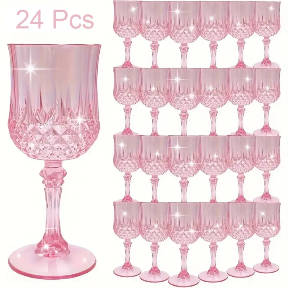 Retro 24-Pack 7oz Pink Stemmed Plastic Wine Glasses - Stackable, Lightweight Glassware Set for Bridal Parties, Weddings, Women's Gift